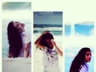 Lívian Aragão posa na praia com cabelos ao vento