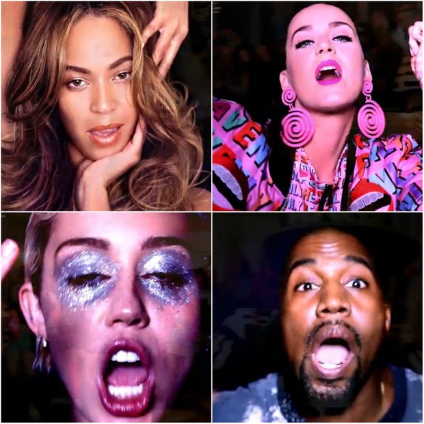 Beyoncé, Katy Perry, Miley Cyrus e Kanye West em clipe (Foto: Reprodução)