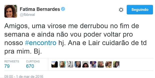 Fátima Bernardes comenta no Twitter seu afastamento do programa Encontro (Foto: Reprodução/Twitter)