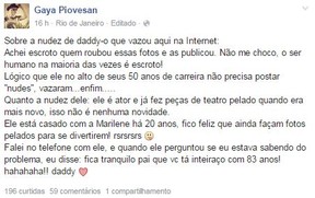  Gaya Piovesan falando sobre a nudez do pai, Stênio Garcia (Foto: Reprodução / Facebook)