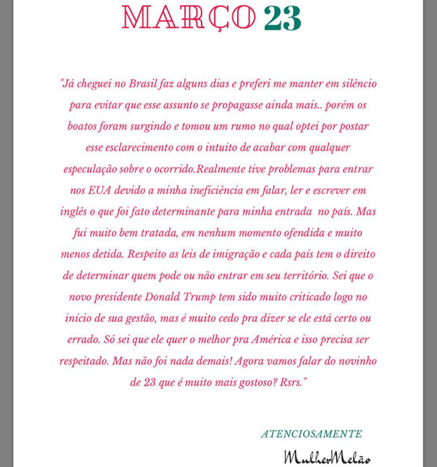 Mulher Melão posta comunicado em seu perfil no Instagram (Foto: Reprodução/Instagram)
