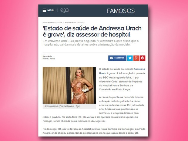 Andressa Urach é internada em estado grave na UTI (Foto: Reprodução/ Internet)