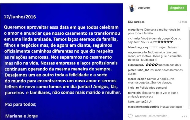 Seu Jorge anuncia separação (Foto: Reprodução/Instagram)