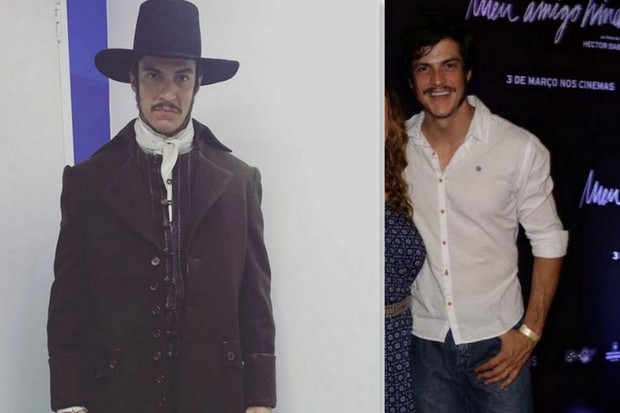 Mateus Solano caracterizado como Rubião e o ator em pré-estreia no Rio (Foto: Reprodução/Instagram e Ag News)