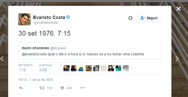 Evaristo Costa responde fã (Foto: Reprodução/Twitter)