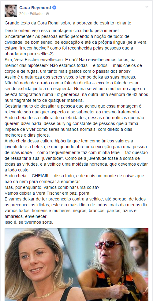 Post de Cauã Reymond em seu perfil no Facebook (Foto: Reprodução)