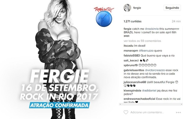 Fergie será uma das atrações do Rock in Rio 2017 (Foto: Reprodução/Instagram)