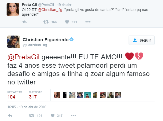 Christian e Preta post no Twitter (Foto: Reprodução / Twitter)