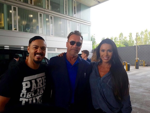 Belo, Arnold Schwarzenegger e Gracyanne Barbosa (Foto: R2assessoria/Divulgação)