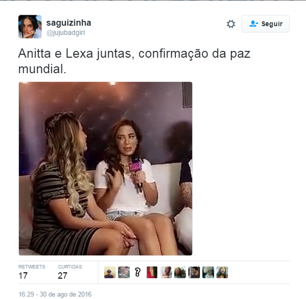 Encontro de Anitta e Lexa repercute (Foto: Reprodução/Twitter)