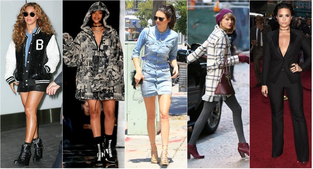 Cinco tendências para o outono-inverno 2016: Beyoncé usa jaqueta college, Rihanna é fã do moletom com capuz, Kendall Jenner é adepta do visual todo jeans, Taylor Swift  aposta no xadrez preto e branco e Demi Lovato sabe ser sexy com look de alfaiataria (Foto: AKM e X-17)