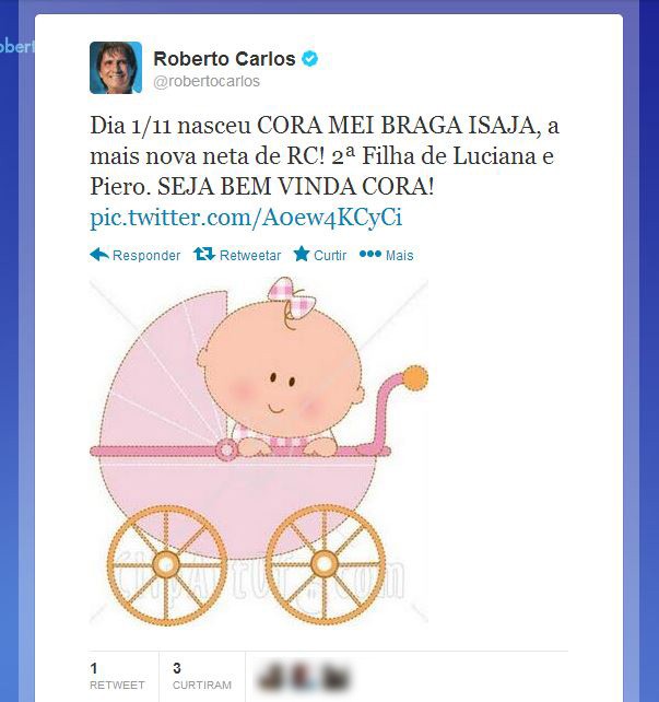 Anúncio do nascimento da neta de Roberto Carlos (Foto: Twitter / Reprodução)