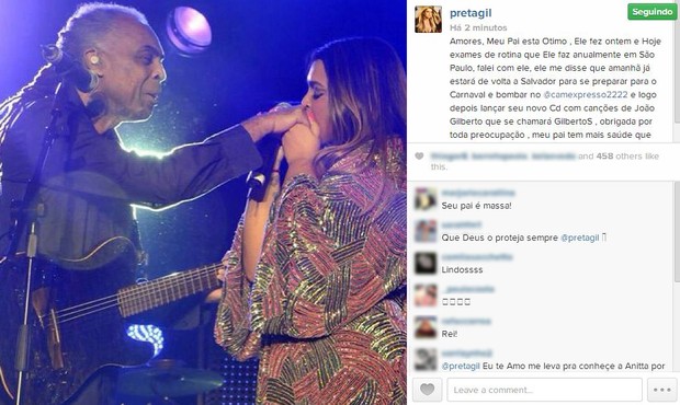 Preta Gil posta mensagem para fãs sobre Gilberto Gil (Foto: Instagram / Reprodução)