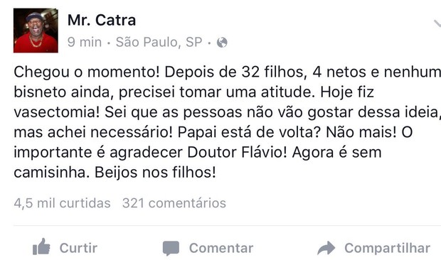 Mr Catra usa redes sociais para anunciar vasectomia (Foto: Reprodução/Facebook)