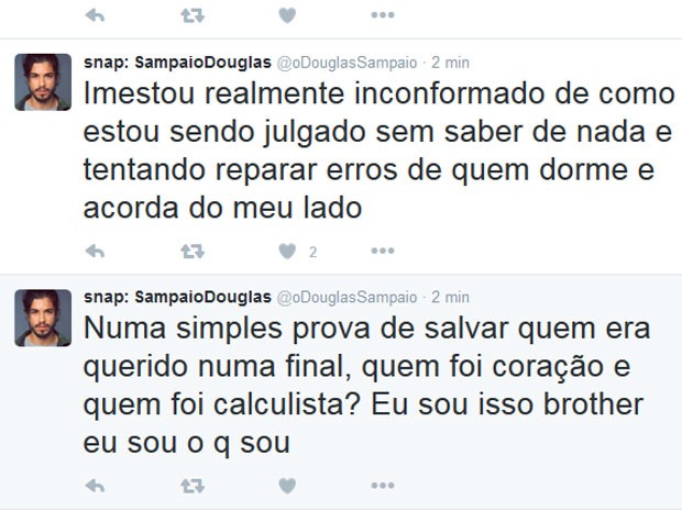 Trecho do desabafo de Douglas Sampaio no Twitter (Foto: Twitter/ Reprodução)