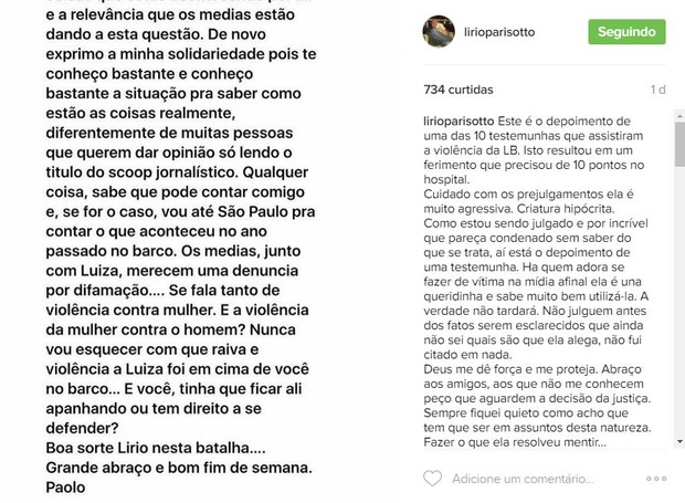 Lirio A Parisotto faz post no Instagram (Foto: Reprodução / Instagram)