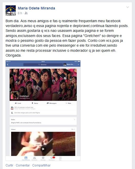 Gretchen comenta página fake com seu nome no Facebook (Foto: Facebook / Reprodução)
