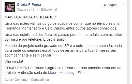 Glória Perez faz denúncia em rede social (Foto: Reproduçção/Facebook)