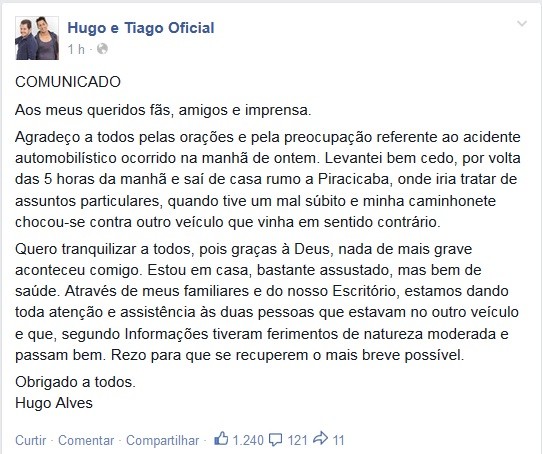 Comunicado de Hugo Alves sobre acidente (Foto: Reprodução/Facebook)