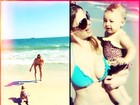 Sheila Mello exibe corpo em forma em praia com a filha, Brenda