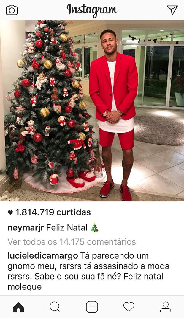 Comentário de Luciele di Camargo sobre o look natalino de Neymar Jr (Foto: Reprodução / Instagram)