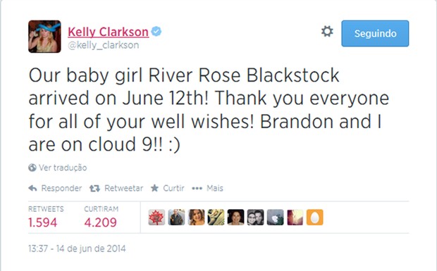 Kelly anuncia nascimento de sua filha pelo Twitter (Foto: Reprodução)