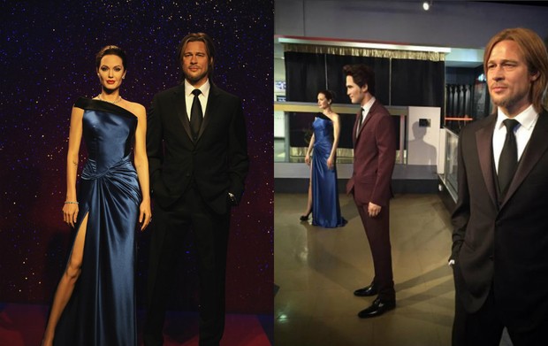 Estátuas de cera de Angelina Jolie e Leonardo di Caprio antes e depois da separação (Foto: Getty Images | Reprodução / Twitter)
