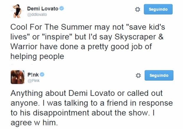 Demi Lovato e Pink em posts no Twitter (Foto: Reprodução)