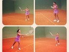 Com decotão, Gracyanne Barbosa joga tênis e exibe os músculos