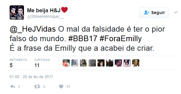 Fãs da dupla Henrique e Juliano fazem campanha na web para eliminar Emily do BBB17 (Foto: Reprodução/Twitter)