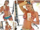 Karina Bacchi faz 'selfie' exibindo a barriga definida