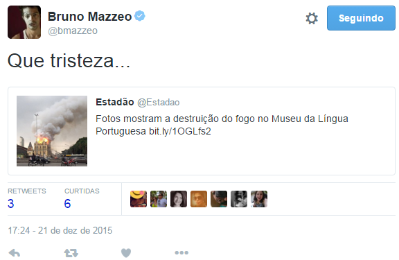 Bruno Mazzeo lamenta incêndio em museu de São Paulo (Foto: Twitter / Reprodução)