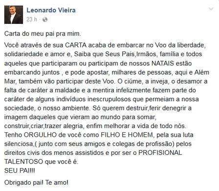 Leonardo Vieira postou a carta de seu pai em suas redes sociais (Foto: reprodução/facebook)