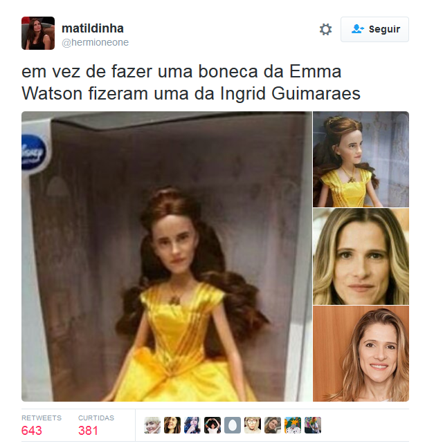 Internautas comparam boneca de Emma Watson a Ingrid Guimarães (Foto: Reprodução / Twitter)