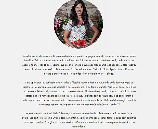 Bela Gil se coloca como &#39;orientadora alimentar&#39; em sua biografia no site oficial (Foto: Site Oficial/Reprodução)