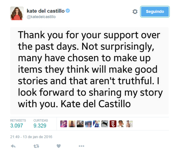 Kate Del Castillo em post no seu perfil no Twitter (Foto: Reprodução)