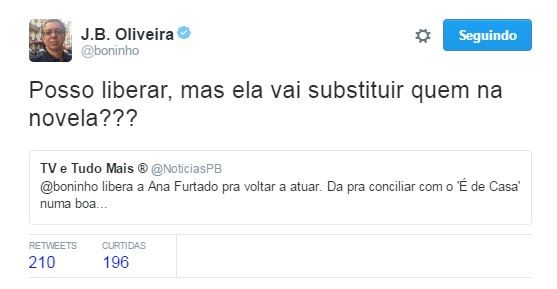 Boninho brinca após pedido de Ana Furtado em novela: &#39;Substituir quem?&#39; (Foto: Reprodução / Twitter)