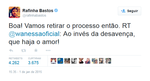 Rafinha Bastos ironiza Wanessa através do Twitter (Foto: Reprodução)