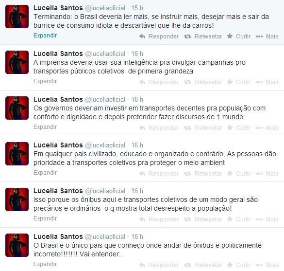 Lucélia Santos posta mensagens no twitter sobre andar de ônibus (Foto: Reprodução / Twitter)