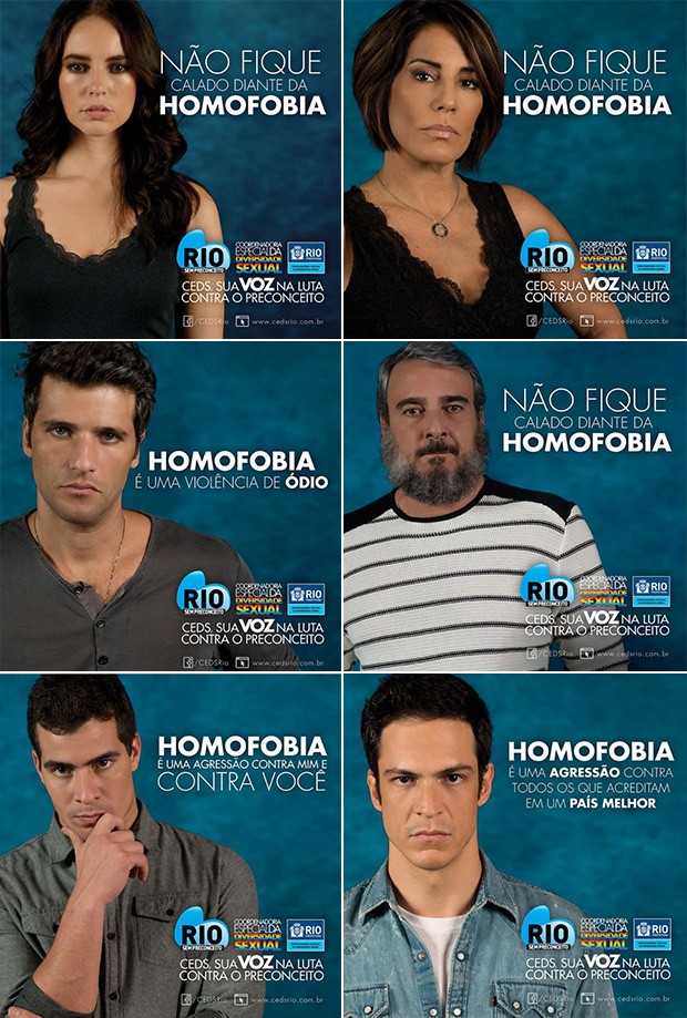 Famosos em campanha contra homofobia - Paolla Oliveira, Glória Pires, Bruno Gagliasso, Alexandre Borges, Thiago Martins e Mateus Solano (Foto: Divulgação)