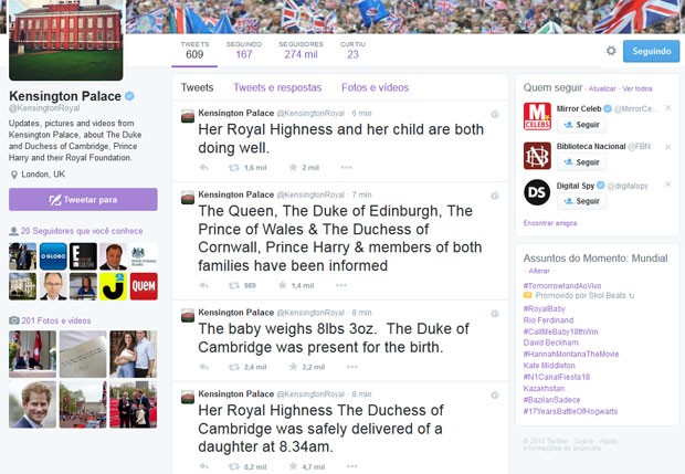 Palácio de Kensington Palace anuncia nascimento do bebê de Kate Middleton e Príncipe William (Foto: Twitter / Reprodução)