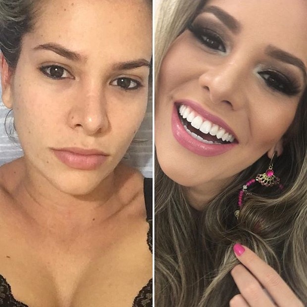 Ex-BBB Adriana com e sem maquiagem (Foto: Reprodução/Instagram)