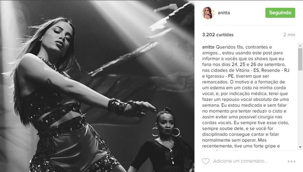 Post de Anitta anunciando o problema nas cordas vocais (Foto: Reprodução/Instagram)