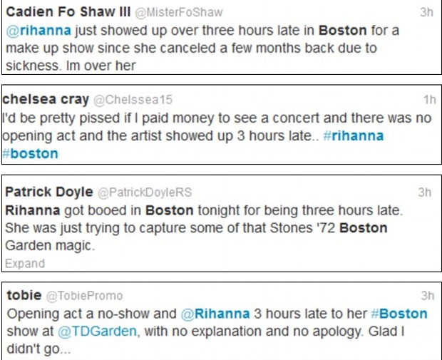 Posts de fãs irritados com atraso de Rihanna para show em Boston (Foto: Twitter / Reprodução)