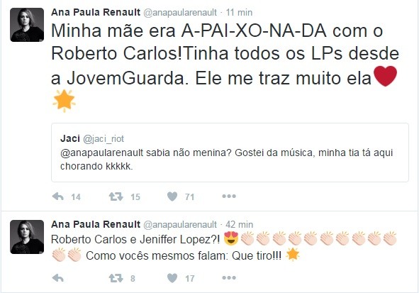 Ana Paula Renaul comenta programa com Roberto Carlos (Foto: Reprodução/Twitter)