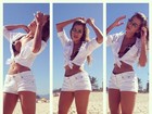 Adriana Sant'Ana posa de shortinho e decote na praia e mostra boa forma