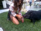 Isabeli Fontana dá comida na boca de porquinho durante sessão de fotos
