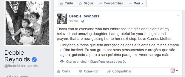 Post de Debbie Reynolds no Facebook (Foto: Reprodução/Facebook)