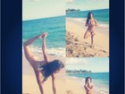 De biquíni, Nicole Scherzinger faz ioga na praia e mostra elasticidade