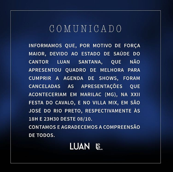 Comunicado publicado no Instagram de Luan Santana (Foto: Reprodução / Instagram)